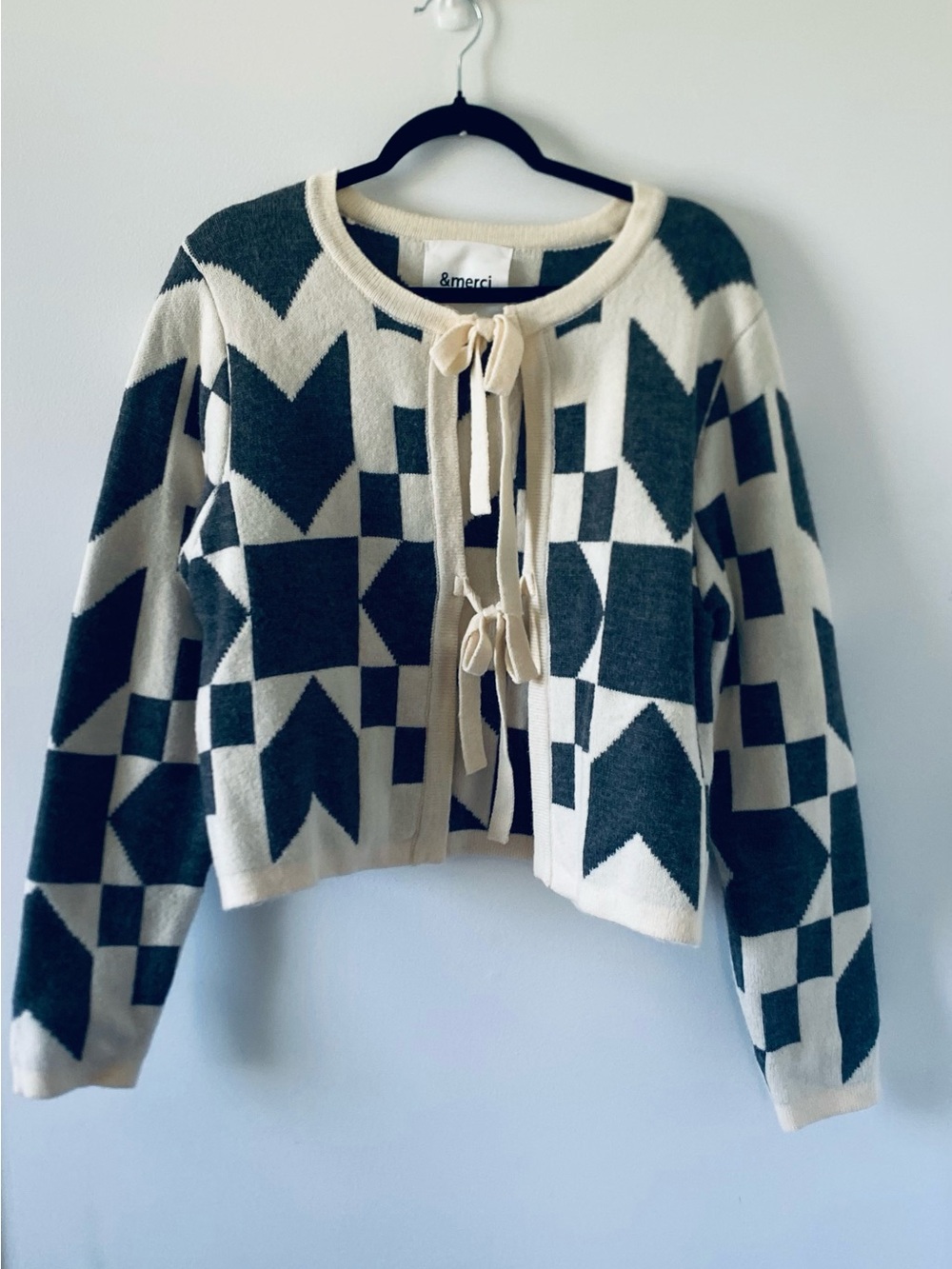 Cream and Dark Gray Geometric Tie-Front Cardigan